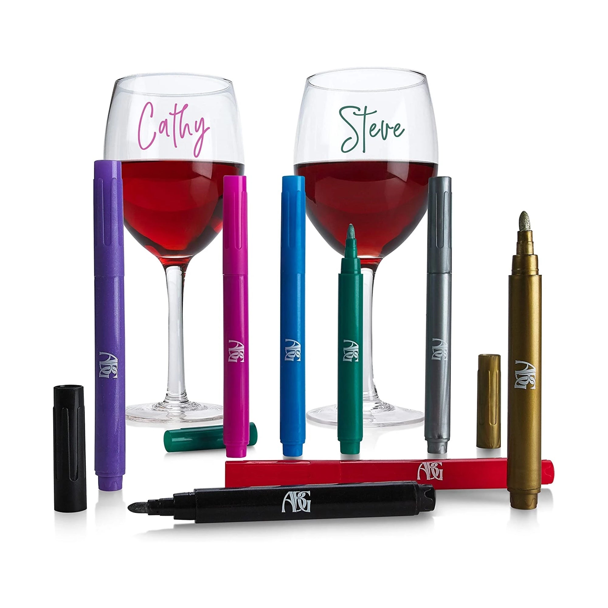  Glass Artist Wine Glass Markers - 8 Pack, 8 Metallic Color  Pens with Stencils & Cleaning Cloth, Washable & Erasable