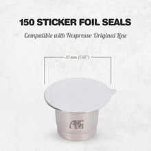 Load image into Gallery viewer, Aluminum Espresso Lids - 150 Foil Seals for Reusable &amp; Refillable Stainless Steel Capsules &amp; Pods, Compatible with Nespresso Original Line - 37mm Diameter
